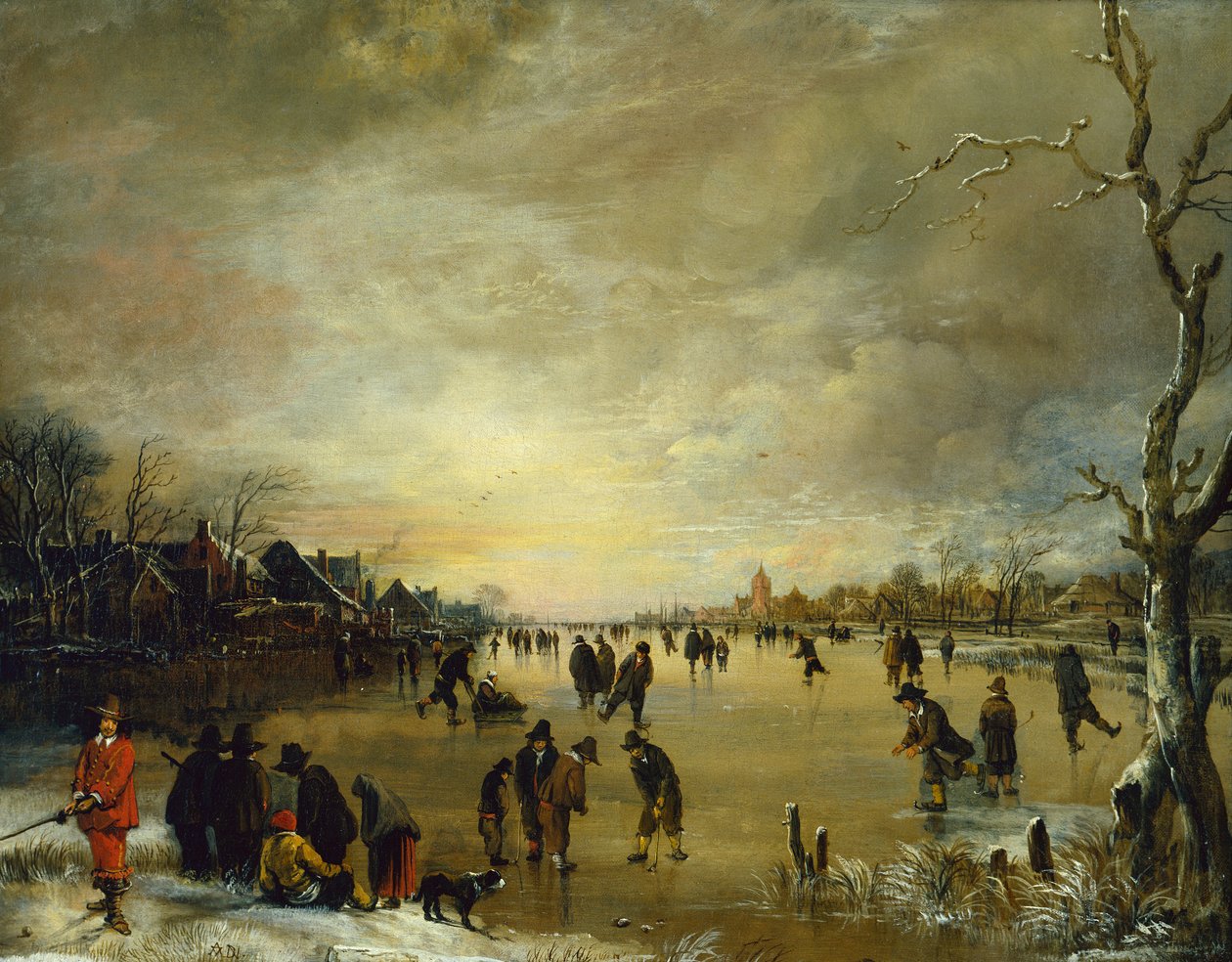 Golf ve Paten Oynayan İnsanlarla Gün Batımında Kış Manzarası (tuval üzerine yağlı boya) by Aert van der Neer