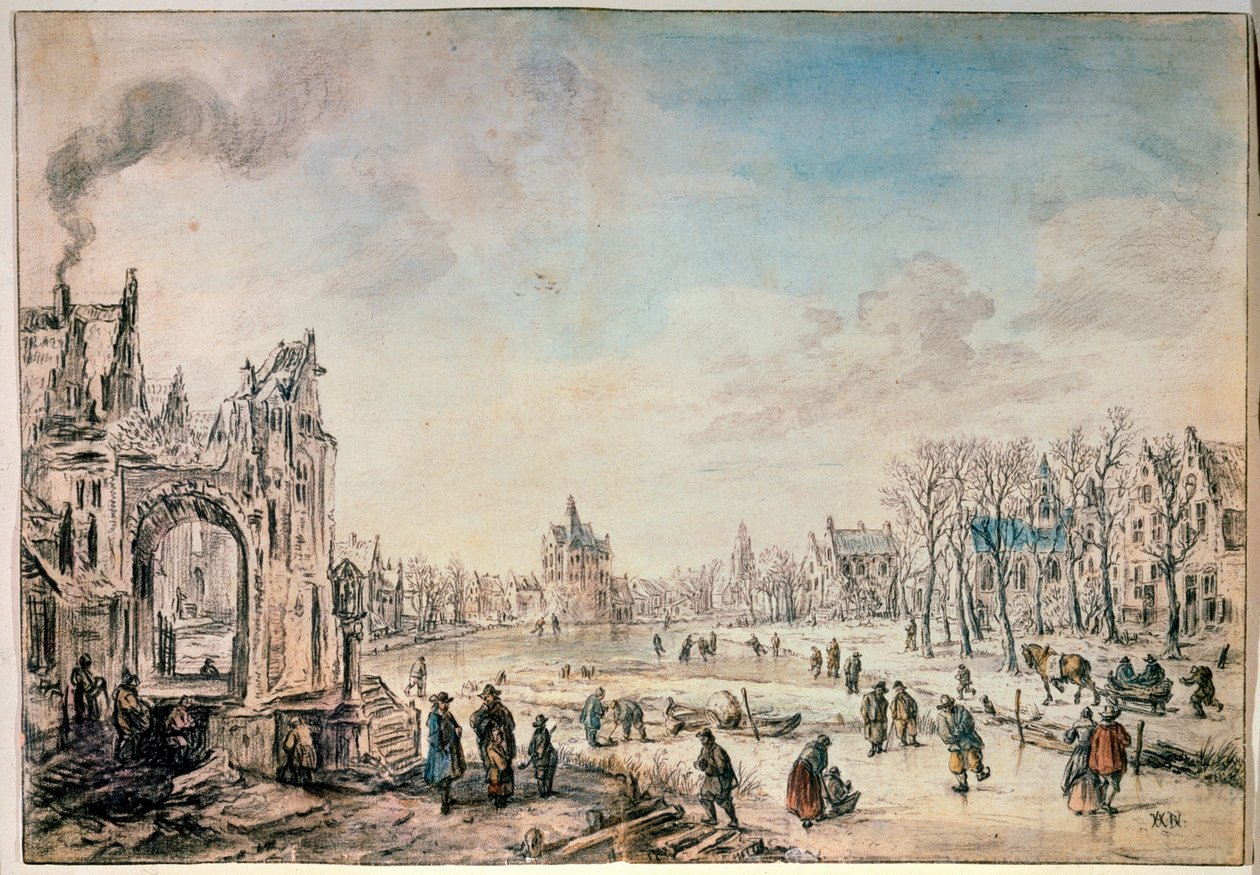 Patencilerle Kış Manzarası, 17. yüzyılın Hollanda resmi by Aert van der Neer