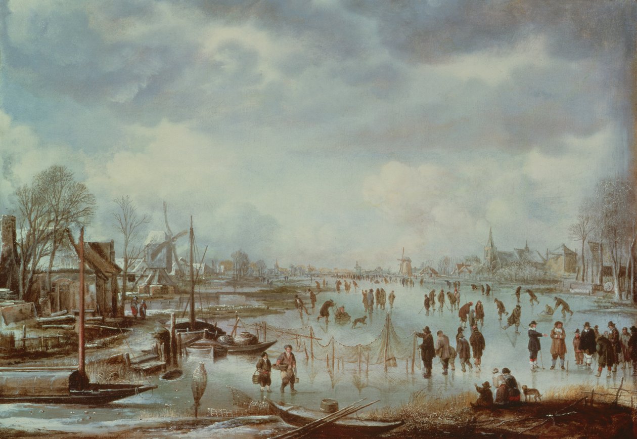 Artistik buz pateni ile kış sahnesi by Aert van der Neer