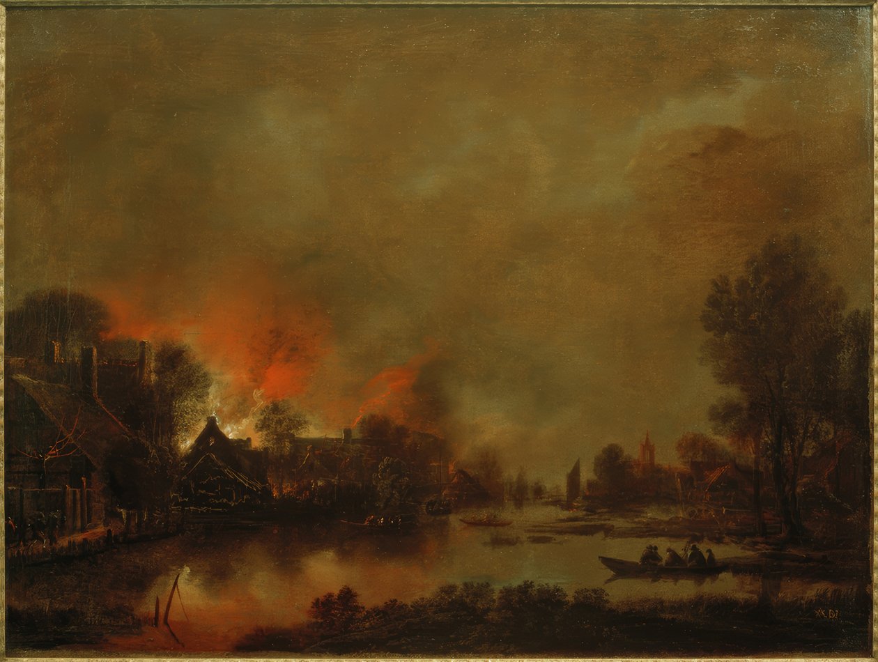 Bir köyde yangın olan gece kanalı manzarası by Aert van der Neer der Ältere