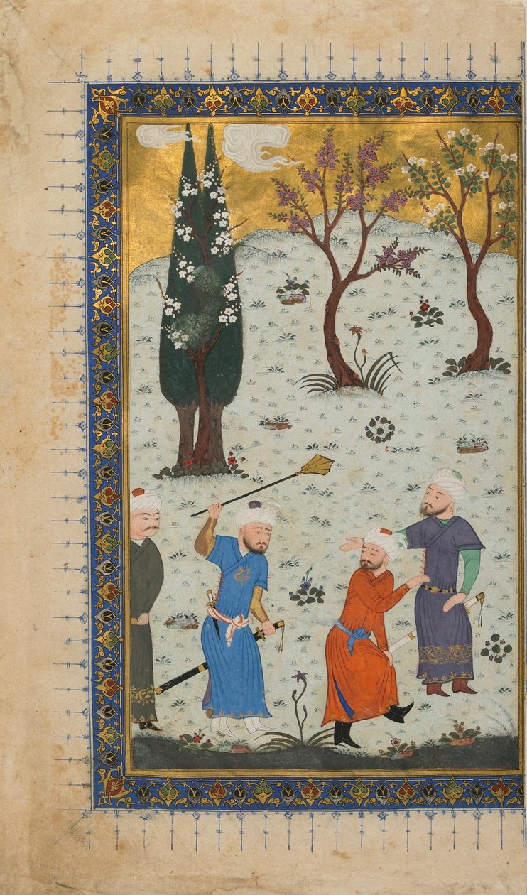 Tanımlanamayan bir metinden folio; recto: A Prince Enthroned, Enthroned by Refakatçiler, Herat, Afganistan, c.1425-30 (kağıt üzerine opak suluboya, mürekkep ve altın) by Afghan School