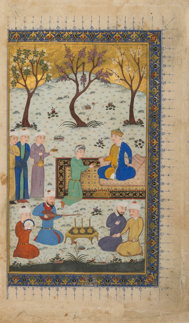 Tanımlanamayan bir metinden folio; Verso: A Prince Enthroned, Enthroned by Retendants, Herat, Afganistan, c.1425-30 (kağıt üzerinde opak suluboya, mürekkep ve altın) by Afghan School