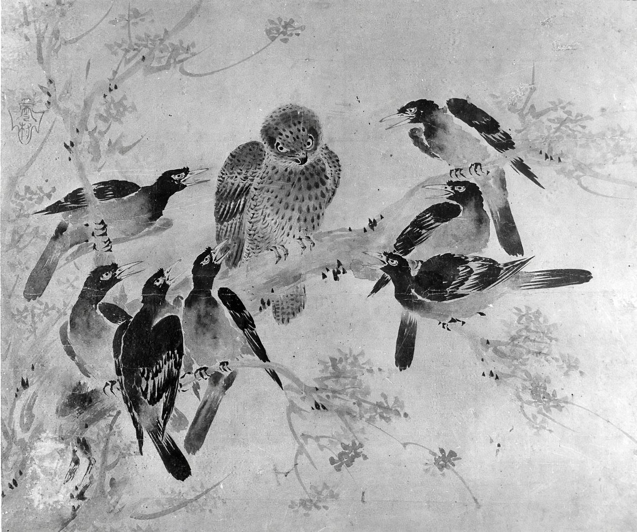 Bir Baykuşa Saldıran Mynah Kuşları, muhtemelen 19. yüzyıl. by after Sesson Shūkei