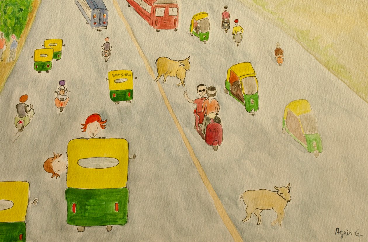 Yolculuk, Delhi, 2015, kağıt üzerine suluboya by Agnes Girardon