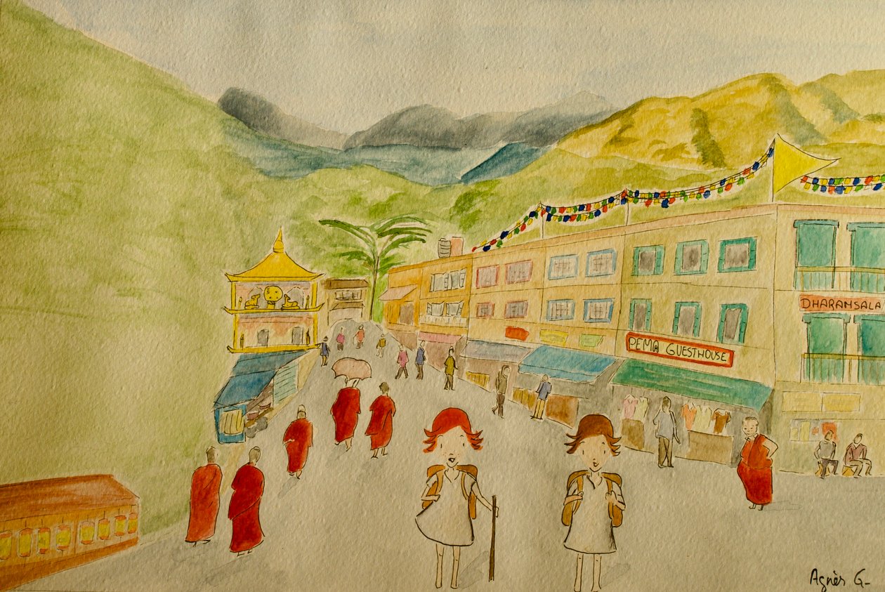 Yolculuk, Dharamsala, 2015, kağıt üzerine suluboya by Agnes Girardon