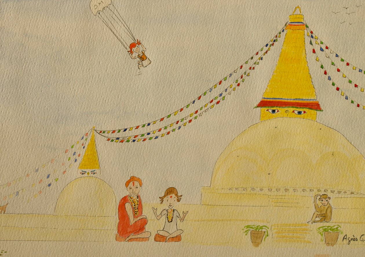Yolculuk, Katmandu, 2015, kağıt üzerine suluboya by Agnes Girardon