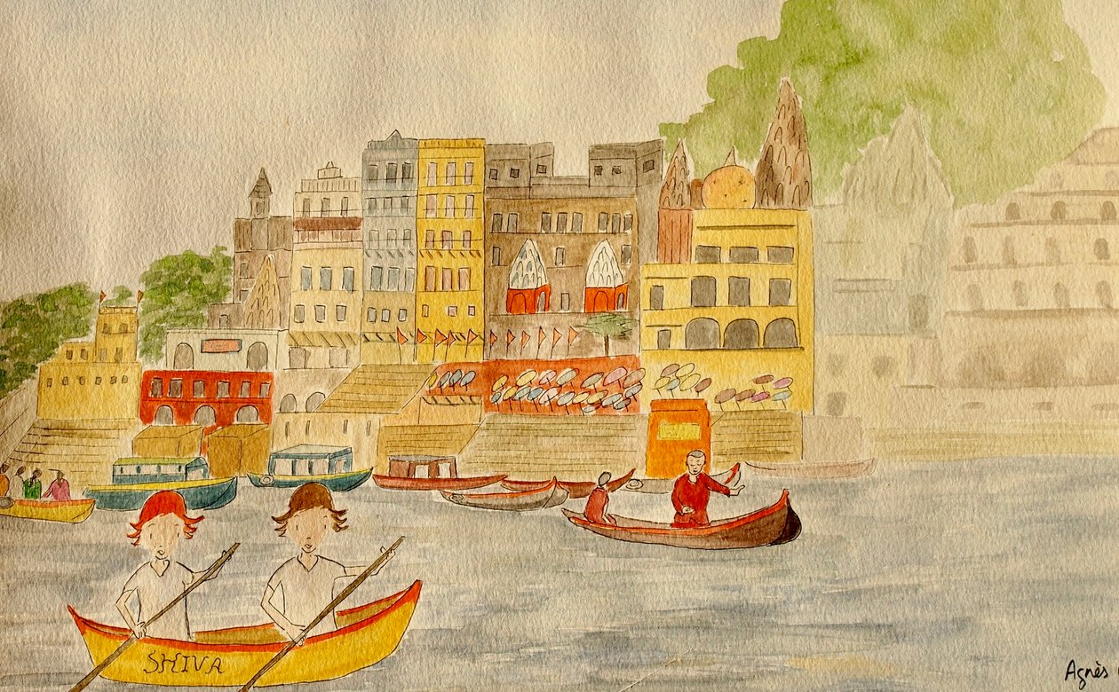 Yolculuk, Varanasi, 2015, kağıt üzerine suluboya by Agnes Girardon