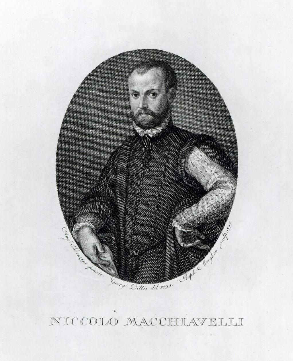 1795 yılında Rafaello Morgan (1758-1833) tarafından oyulmuş Niccolo Machiavelli (1469-1527) portresi by Agnolo Bronzino