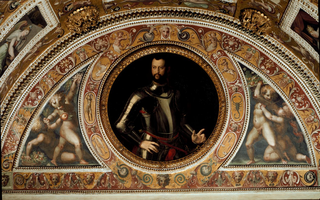 Cosimo I di Medici'nin Portresi, Toskana Büyük Dükü ve I. Francesco'nun Babası (Arduvaz üzerine resim by Agnolo (after) Bronzino