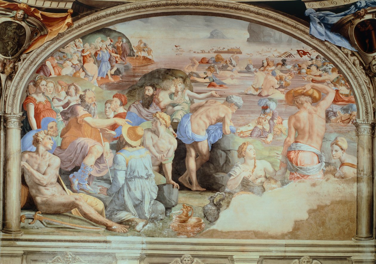 Kızıldeniz Geçişi, Agnolo Bronzino (1503-1572) tarafından yapılan fresk. Toledo Eleonora Şapeli, Palazzo Vecchio, Floransa. İtalya by Agnolo Bronzino