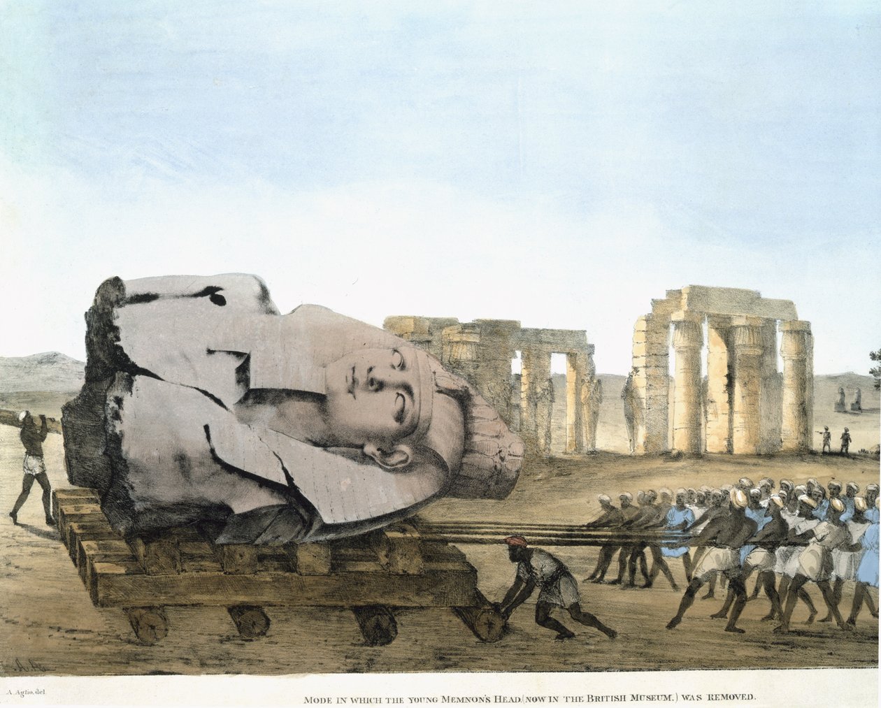 Genç Memnon'un kafasının kaldırıldığı mod, Mısır ve Nubia'daki Araştırmaları gösteren Plakaları oluşturur. Belzoni, Giovannie Battista. Aglio, Agostino (1777-1857) Yayınlandı 1820-22 by Agostino Aglio