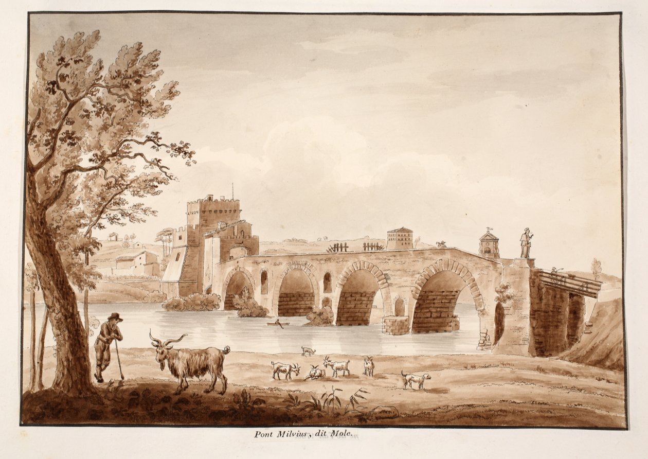 ಪಾಂಟೆ ಮಿಲ್ವಿಯೊ, ಅಥವಾ ಪಾಂಟೆ ಮೊಲ್ಲೆ, 1833 (ಕಂದು ಬಣ್ಣದ ತೊಳೆಯುವಿಕೆಯೊಂದಿಗೆ ಕೆತ್ತನೆ) ಟರ್ಕಿ by Agostino Tofanelli