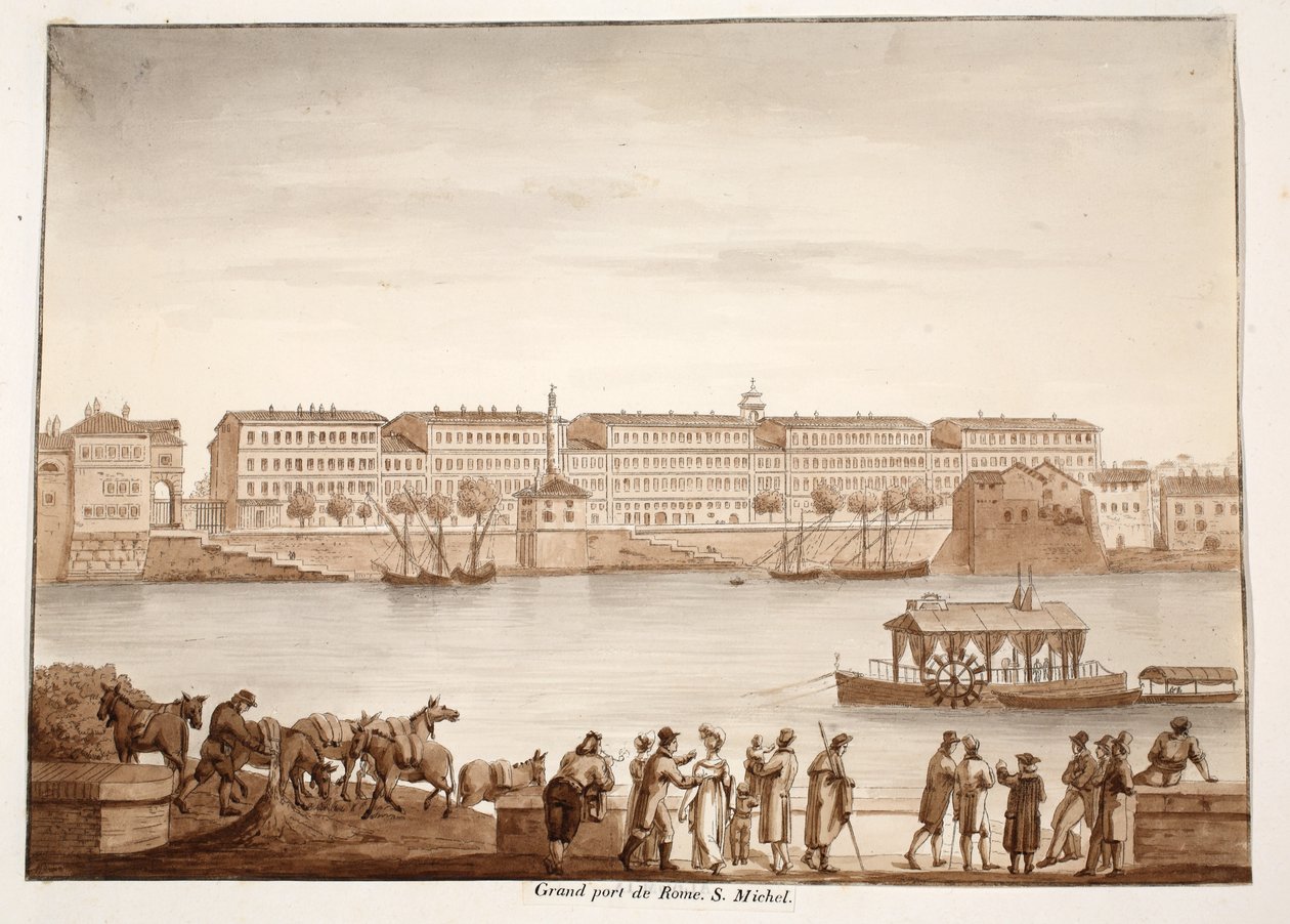 Ripa Grande Limanı ve Ospizio di S. Michele, 1833 (kahverengi cilalı gravür) by Agostino Tofanelli