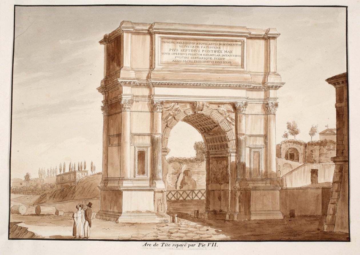 ಟೈಟಸ್‌ನ ಕಮಾನು, ಪಿಯಸ್ VII, 1833 (ಕಂದು ಬಣ್ಣದ ತೊಳೆಯುವಿಕೆಯೊಂದಿಗೆ ಕೆತ್ತನೆ) ಟರ್ಕ್‌ನಿಂದ ಪುನಃಸ್ಥಾಪಿಸಲಾಗಿದೆ by Agostino Tofanelli