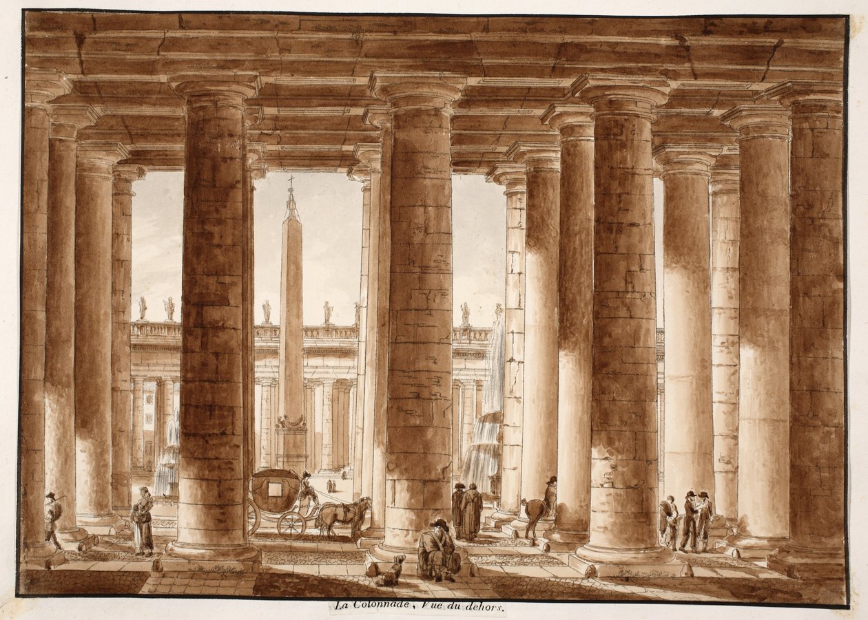 Aziz Petrus Meydanı Sütunları, dışarıdan bakıldığında, 1833 (kahverengi cilalı gravür) by Agostino Tofanelli
