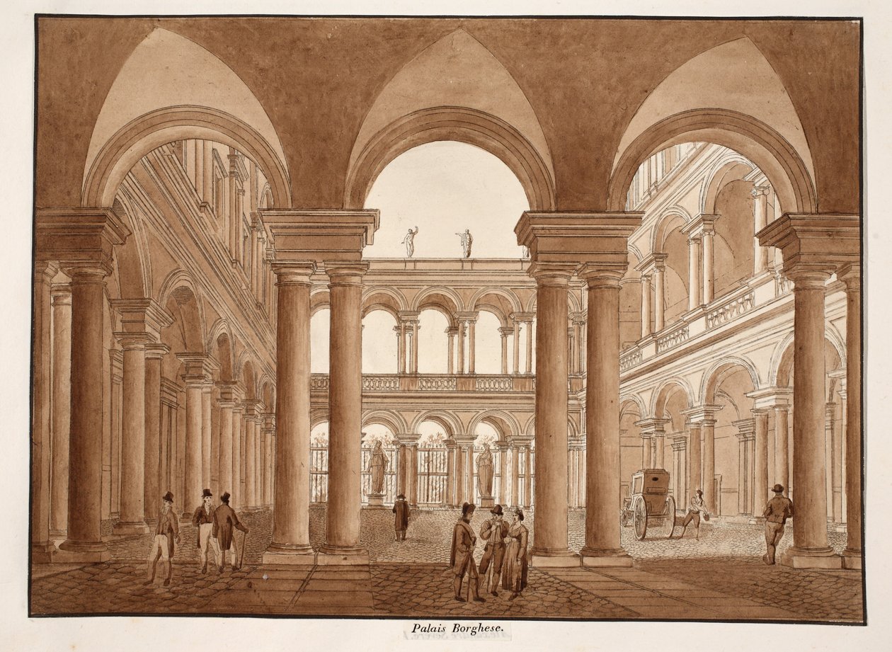 Palazzo Borghese, 1833 (kahverengi cilalı gravür) by Agostino Tofanelli
