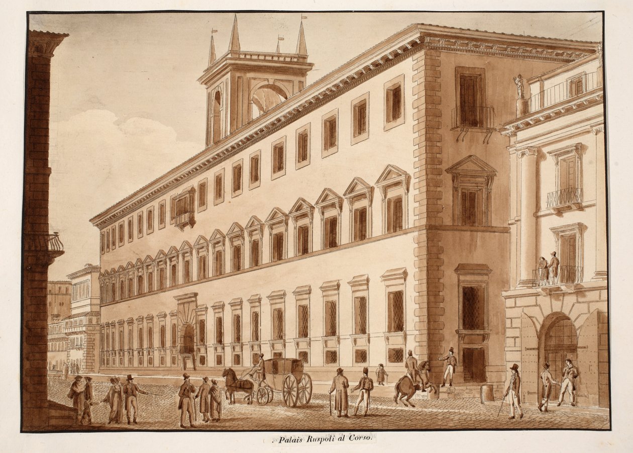 Palazzo Ruspoli al Corso, 1833 (kahverengi cilalı gravür) by Agostino Tofanelli