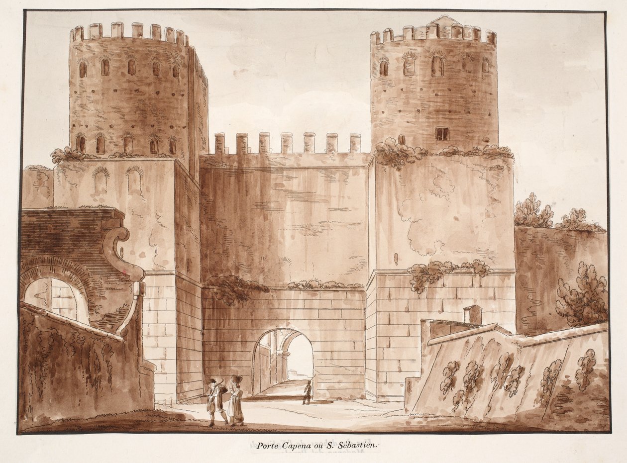 The Porta Capena or Porta San Sebastiano, 1833 (etching with brown wash) by Agostino Tofanelli