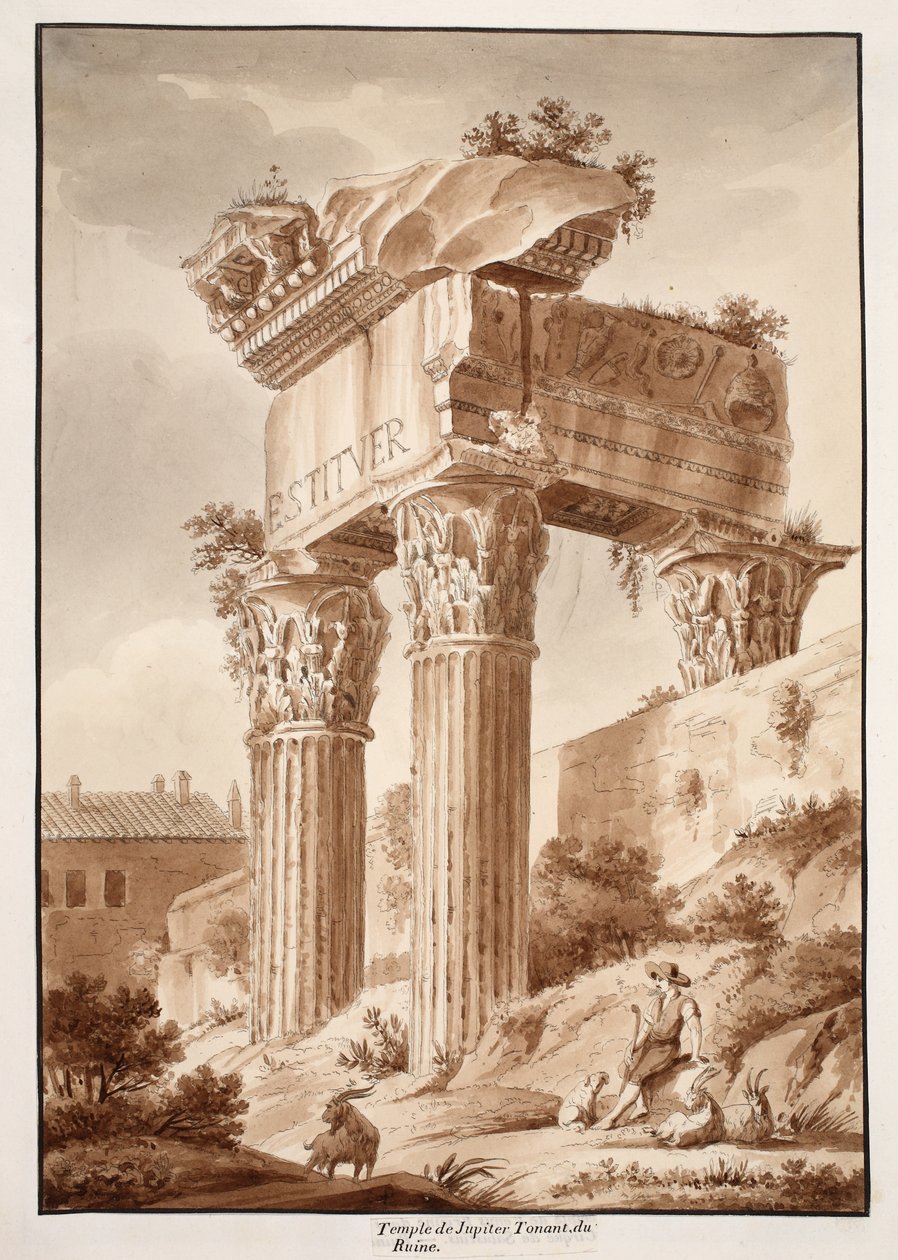 Jüpiter Tonans Tapınağı, harabeler, 1833 (kahverengi yıkama ile gravür) by Agostino Tofanelli