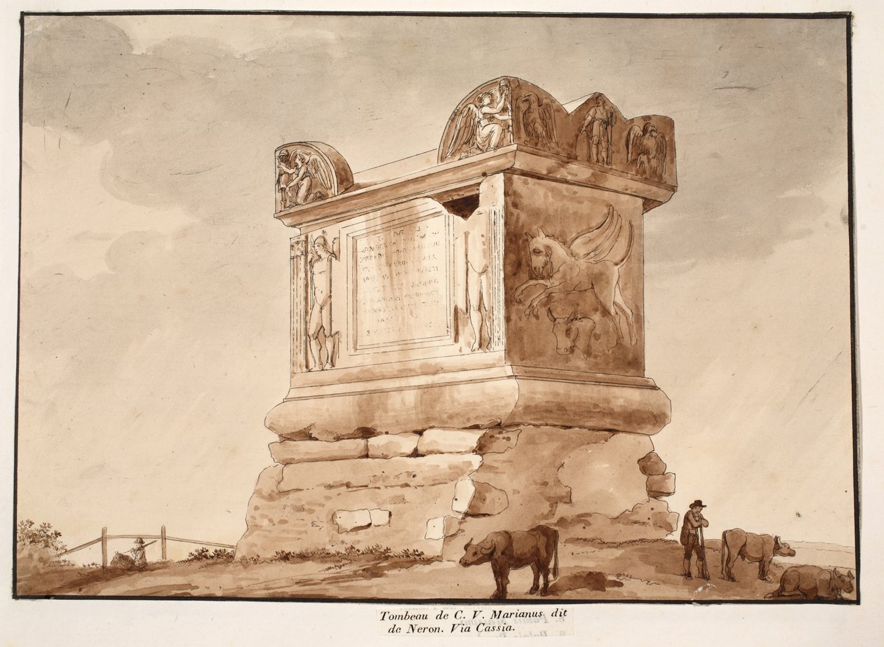 Nero'nun Mezarı olarak da bilinen CV Marianus'un Mezarı. Via Cassia, 1833 (kahverengi yıkama ile aşındırma) by Agostino Tofanelli