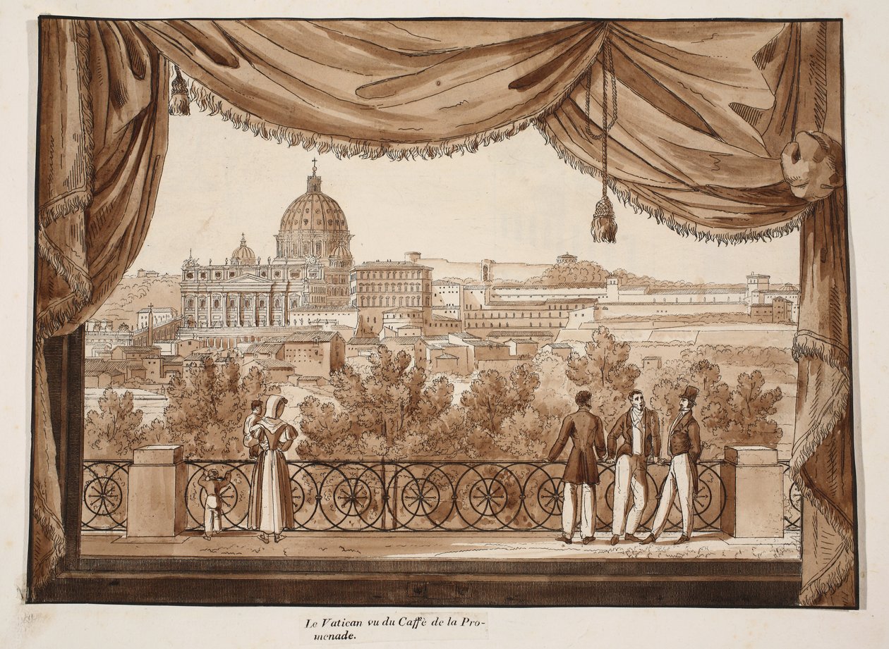 Caffe de la Promenade'den görülen Vatikan, 1833 (kahverengi cilalı gravür) by Agostino Tofanelli