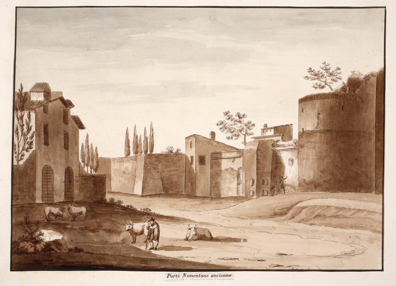 Eski Porta Nomentana, 1833 (kahverengi yıkama ile aşındırma) by Agostino Tofanelli