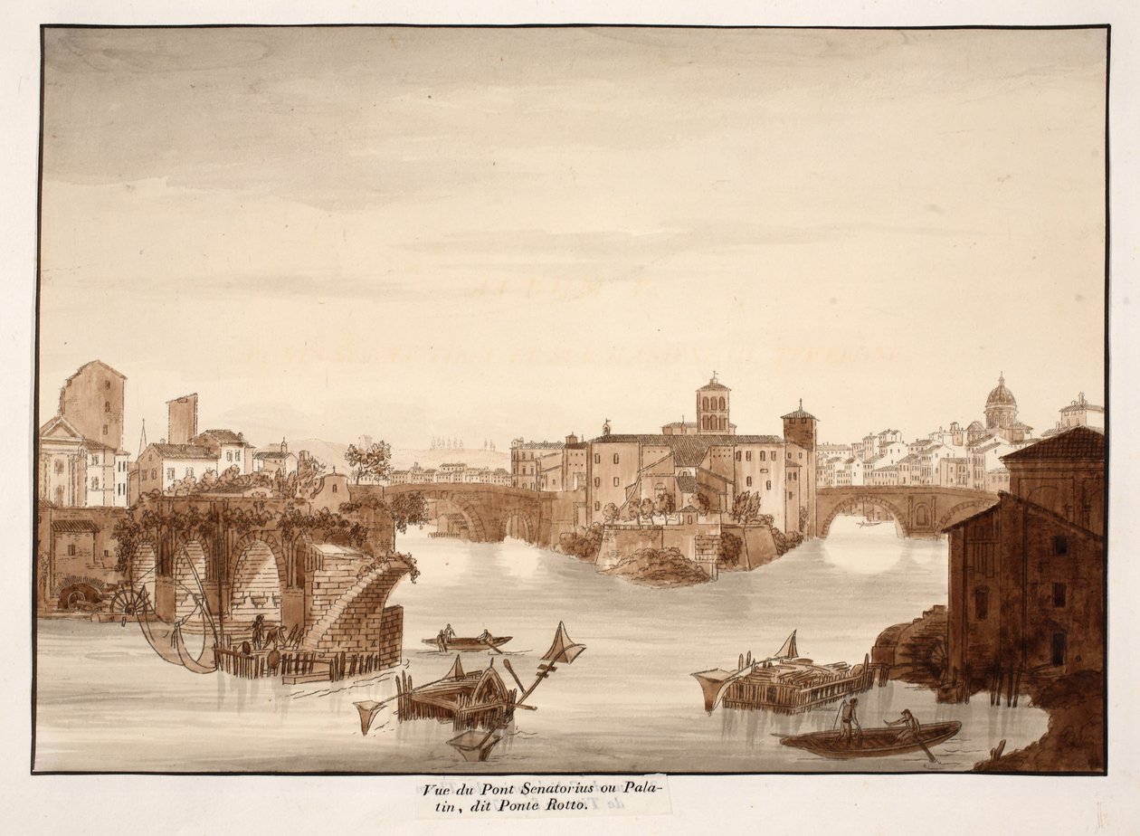 Ponte Rotto olarak adlandırılan Palatine veya Senatorius Köprüsü'nün görünümü, 1833 (kahverengi kaplama ile aşındırma) by Agostino Tofanelli