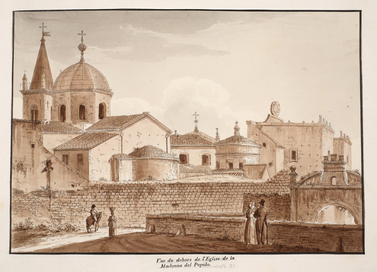 Santa Maria del Popolo kilisesinin dış görünümü, 1833 (kahverengi cilalı gravür) by Agostino Tofanelli