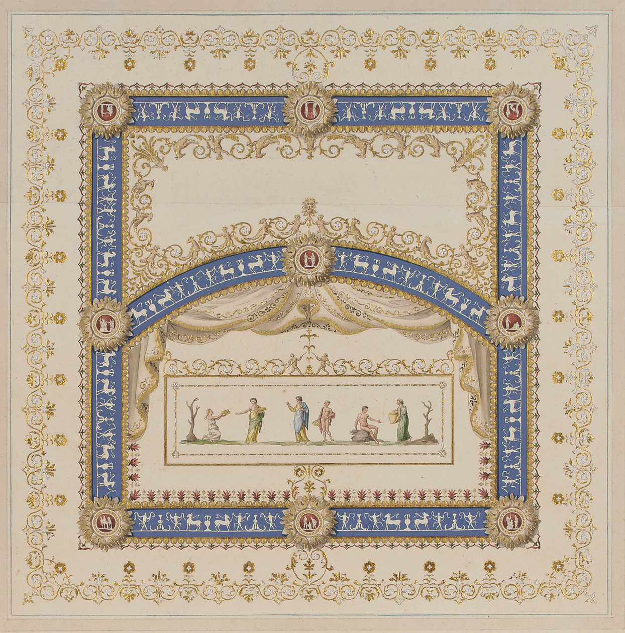 Frizlerde tanrıların merkezi sahneleri ile Antik tarzda tavan tasarımları by Agostino (attr.) Brunias