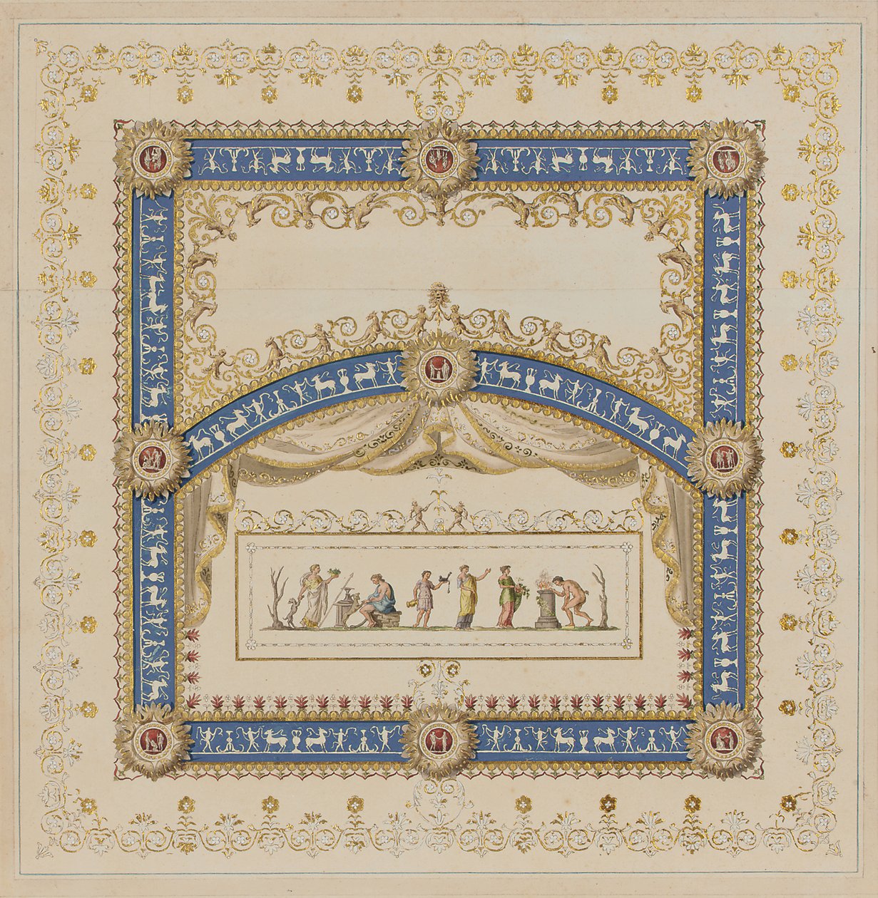 Frizlerde tanrıların merkezi sahneleri ile Antik tarzda tavan tasarımları by Agostino (attr.) Brunias