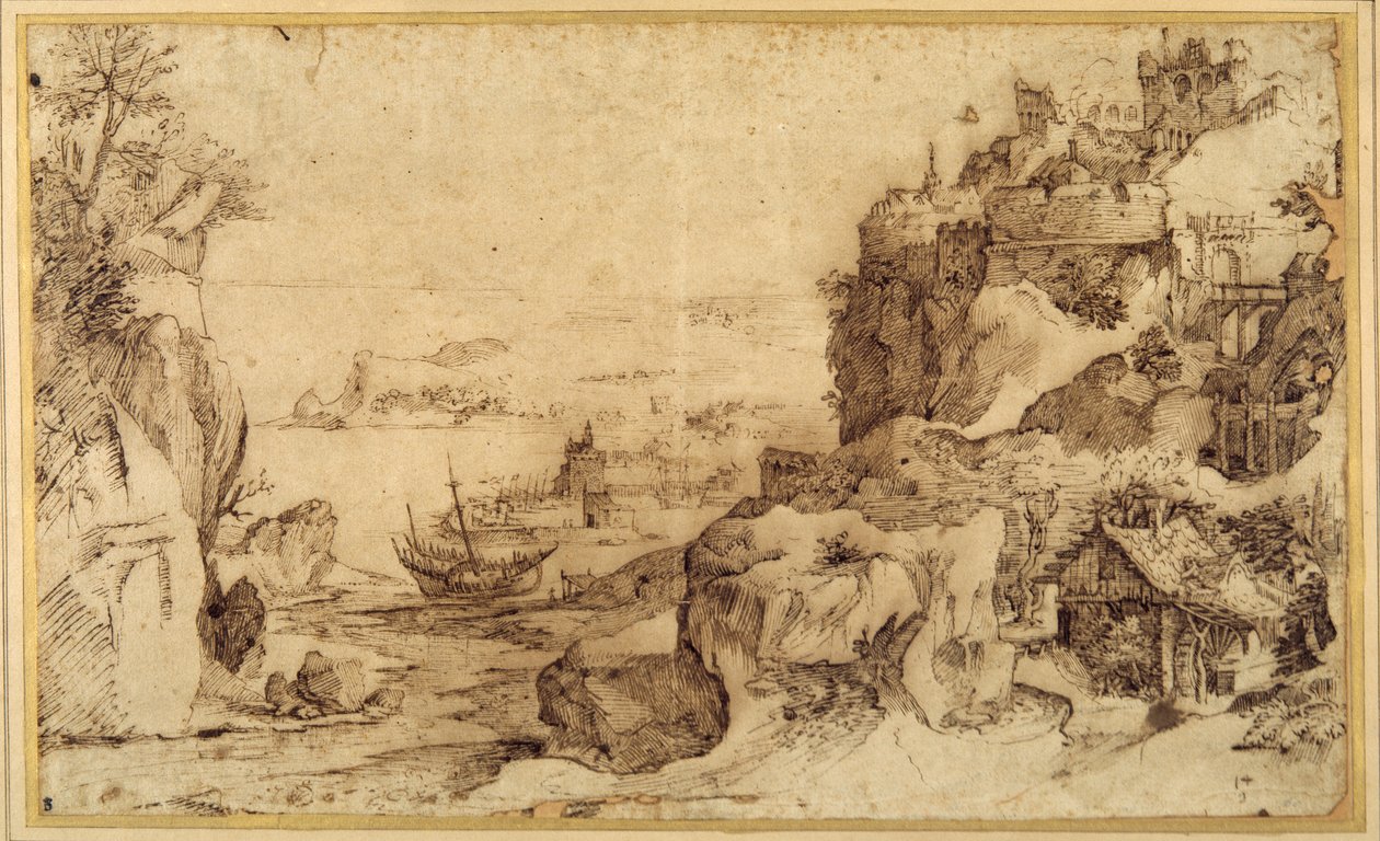 Müstahkem bir limanın aşağı doğru görünümü (kağıt üzerinde kalem ve kahverengi mürekkep) by Agostino (attr. to) Carracci