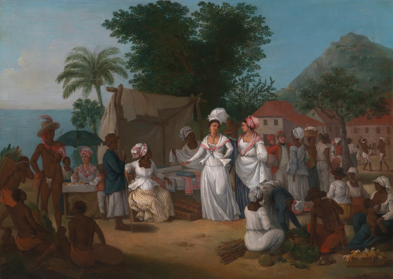 Batı Hint Adaları'nda Keten Tezgahı ve Sebze Satıcısı Olan Bir Keten Pazarı by Agostino Brunias