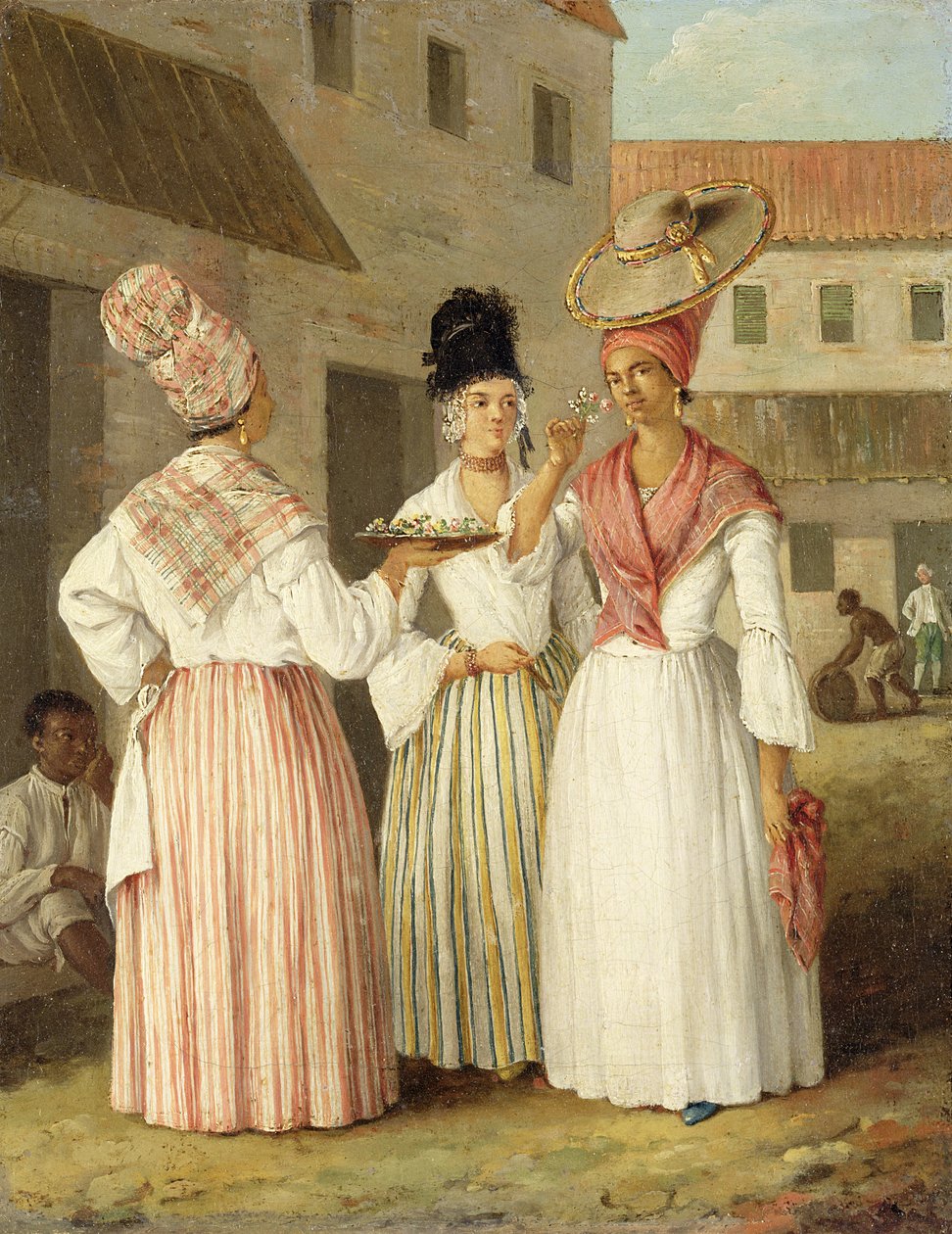 Batı Hintli Bir Çiçekçi Kız ve Diğer İki Özgür Renkli Kadın, c.1769 (tuval üzerine yağlı boya) by Agostino Brunias