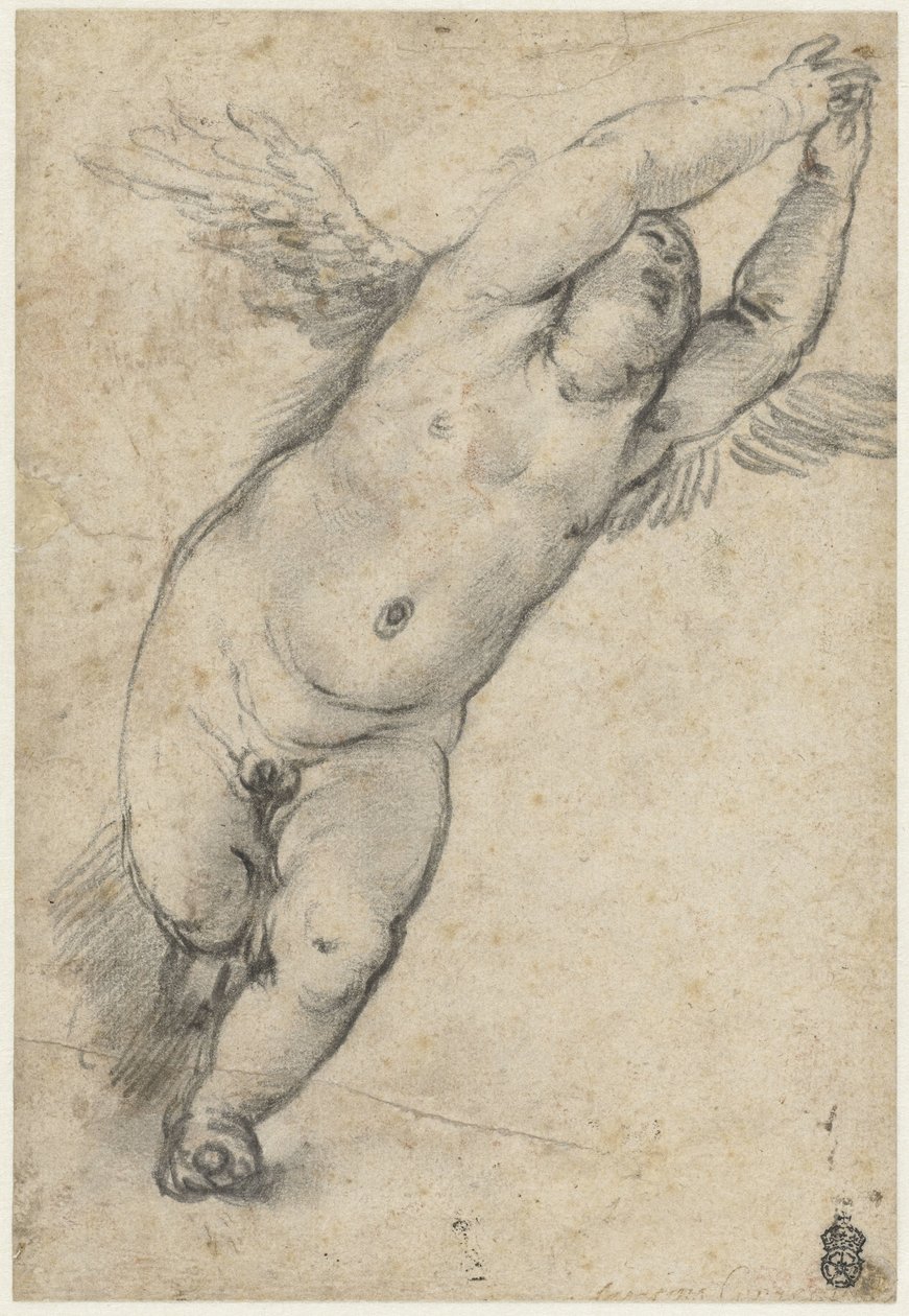 Kollarını kaldırarak uçan putto by Agostino Carracci (attributed to)