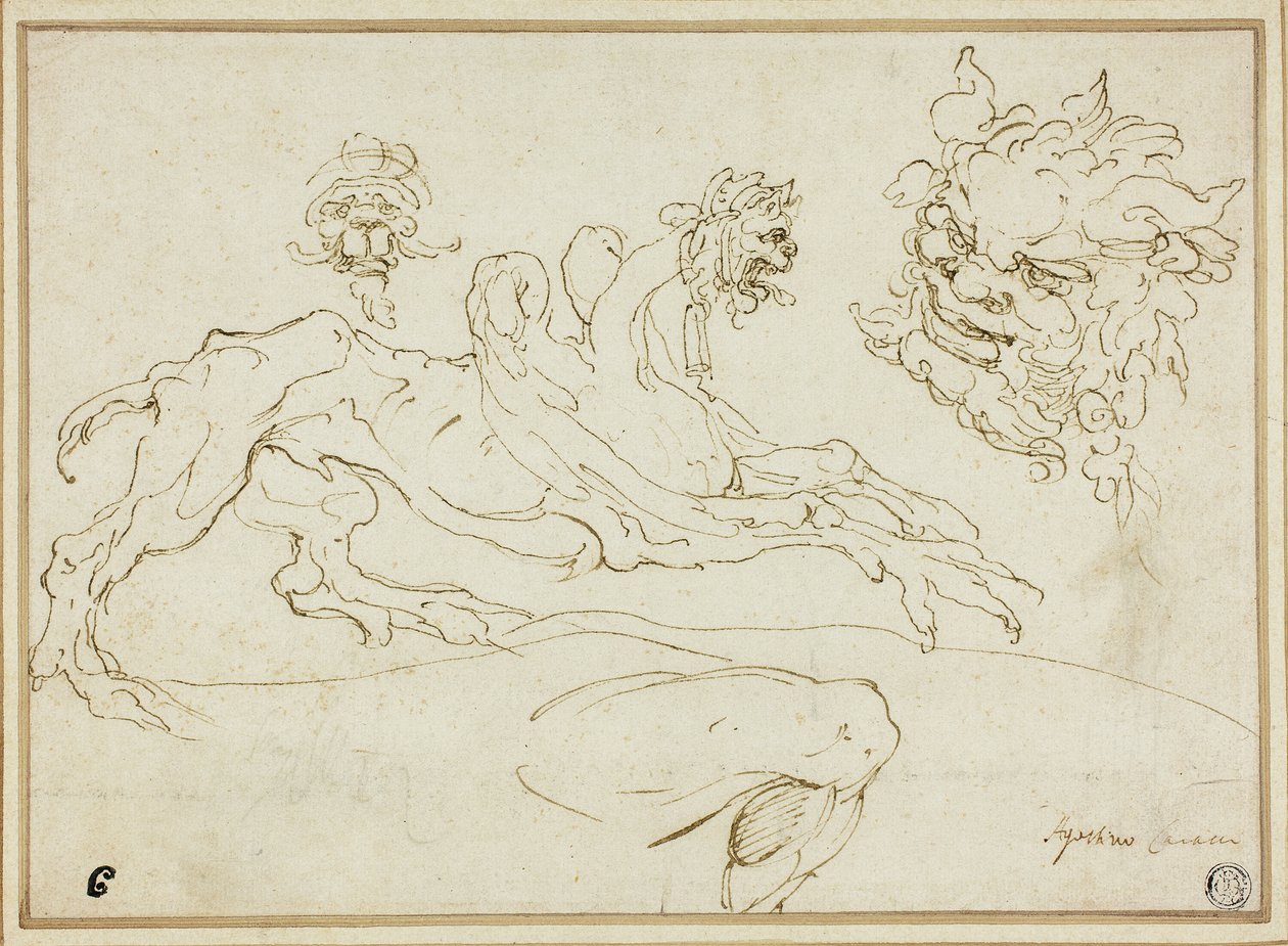 Dört Eskiz: Griffin, Grotesk Kafa, Satyr Başkanı, Bükülmüş Bacak by Agostino Carracci