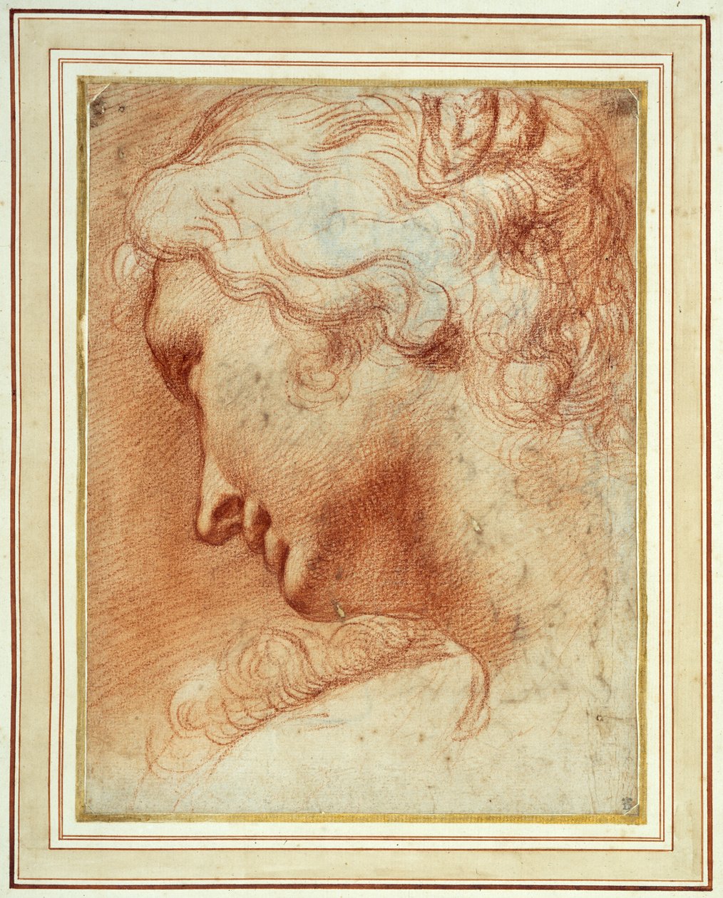 Sağ omzunun üzerinden aşağıya bakan genç bir kadının başı (kağıt üzerinde kırmızı tebeşir) by Agostino Carracci