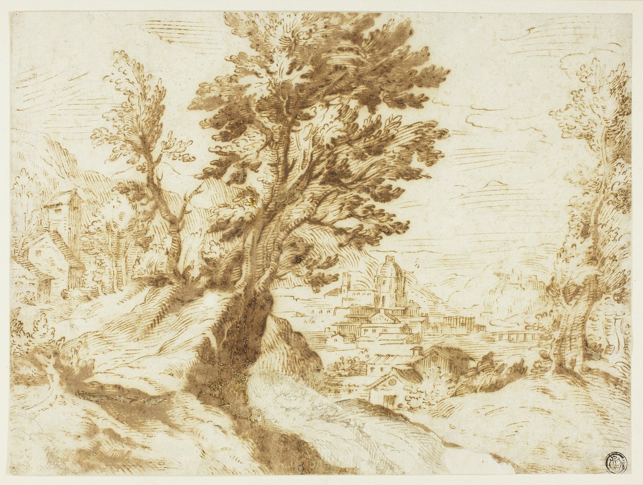 Uzakta Kasabalı Tepelik Manzara by Agostino Carracci