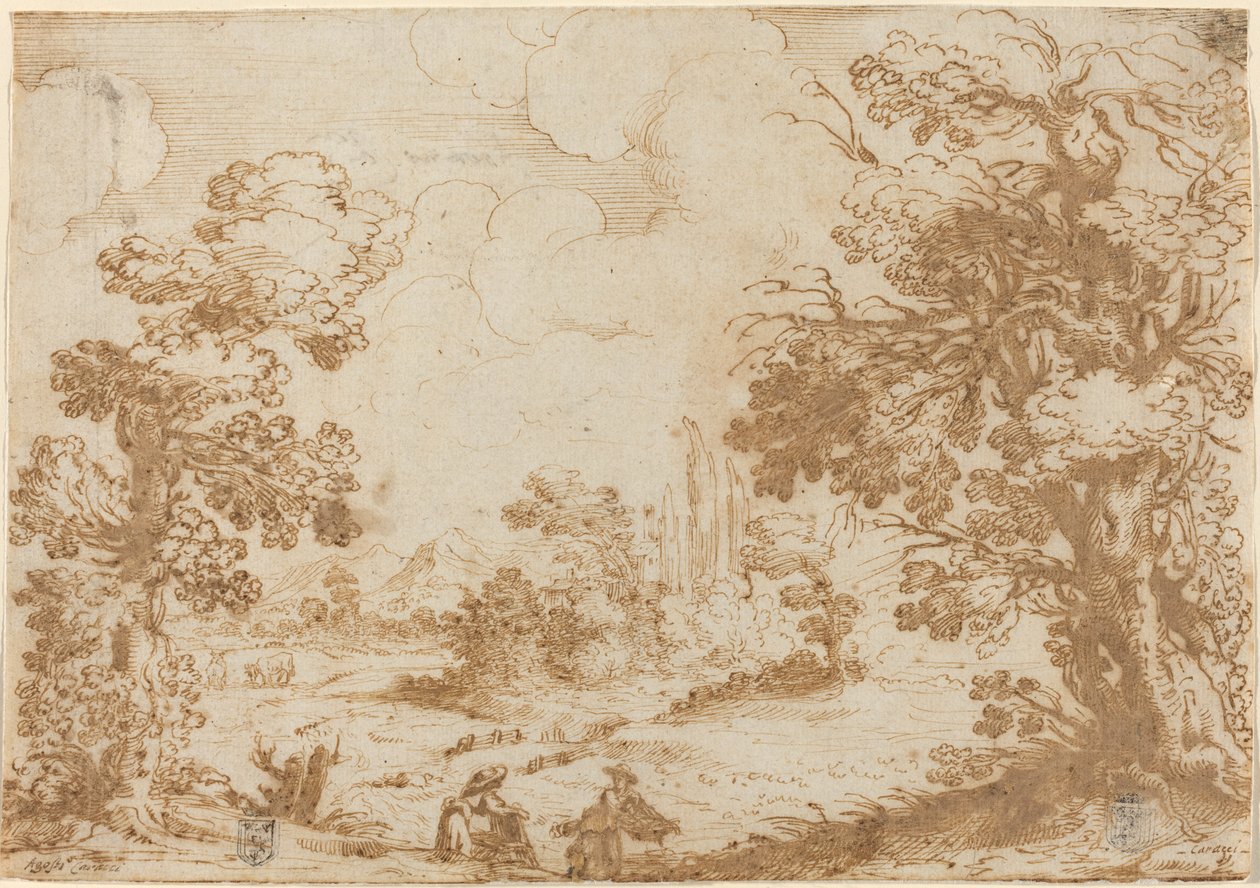 İki Çamaşırcı Kadınla Manzara by Agostino Carracci