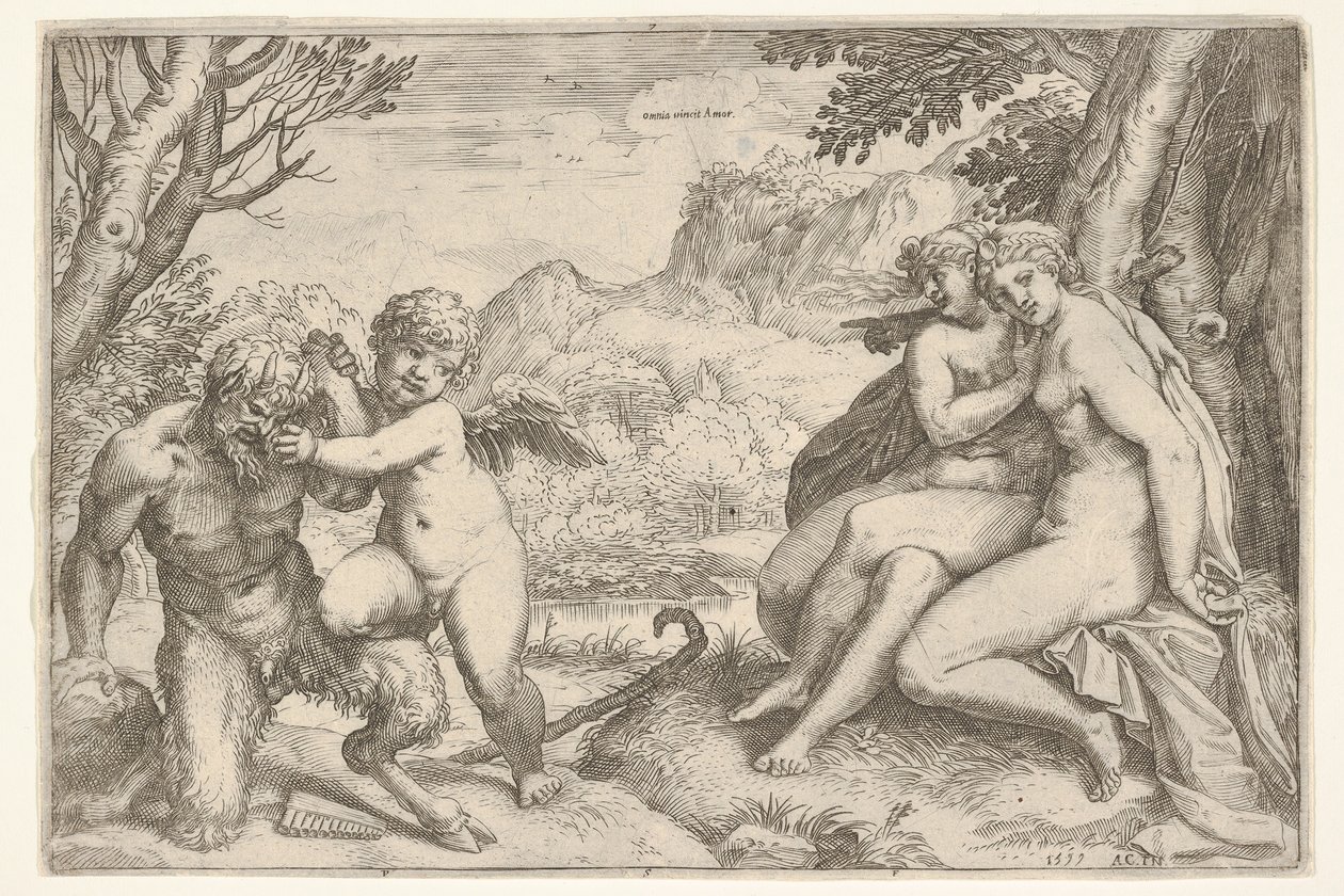 Aşk Her Şeyi Fetheder Omnia vincit Amor, bir satir Amor ile mücadelesinde sağ kn..., 1599. by Agostino Carracci