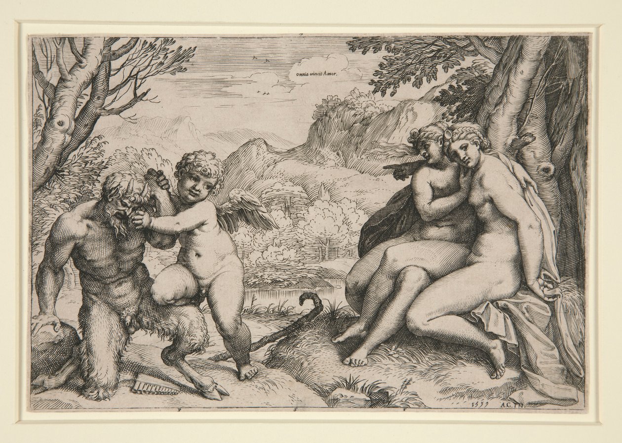 Cupid Tarafından Bastırılan Pan by Agostino Carracci