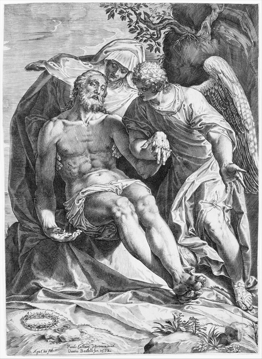 Pieta, Bakire tarafından desteklenen İsa ve sağda bir melek, 1582. by Agostino Carracci