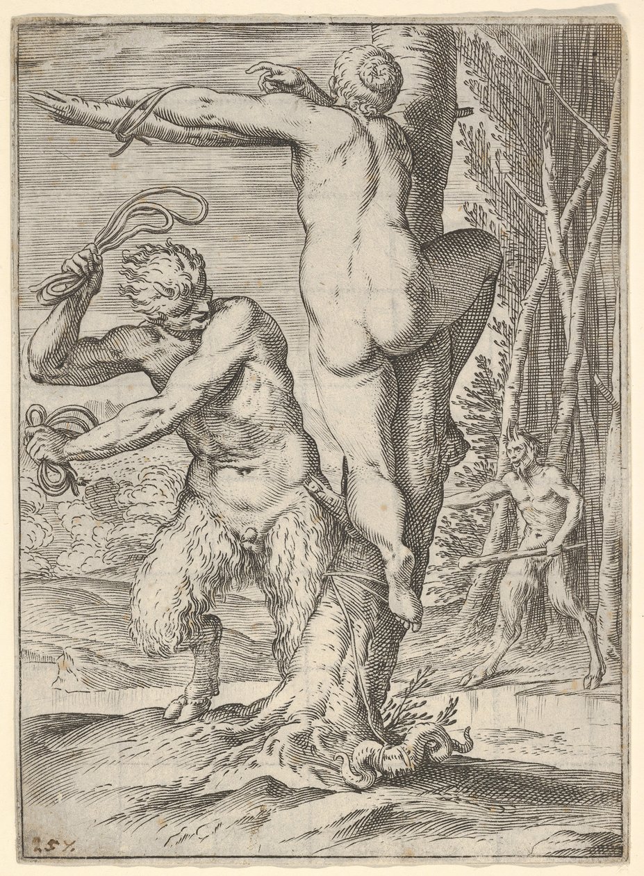 Arkadan gösterilen ve bir ağaca bağlı bir periyi kırbaçlayan Satyr, ikinci bir saty..., ca. 1590-95. by Agostino Carracci