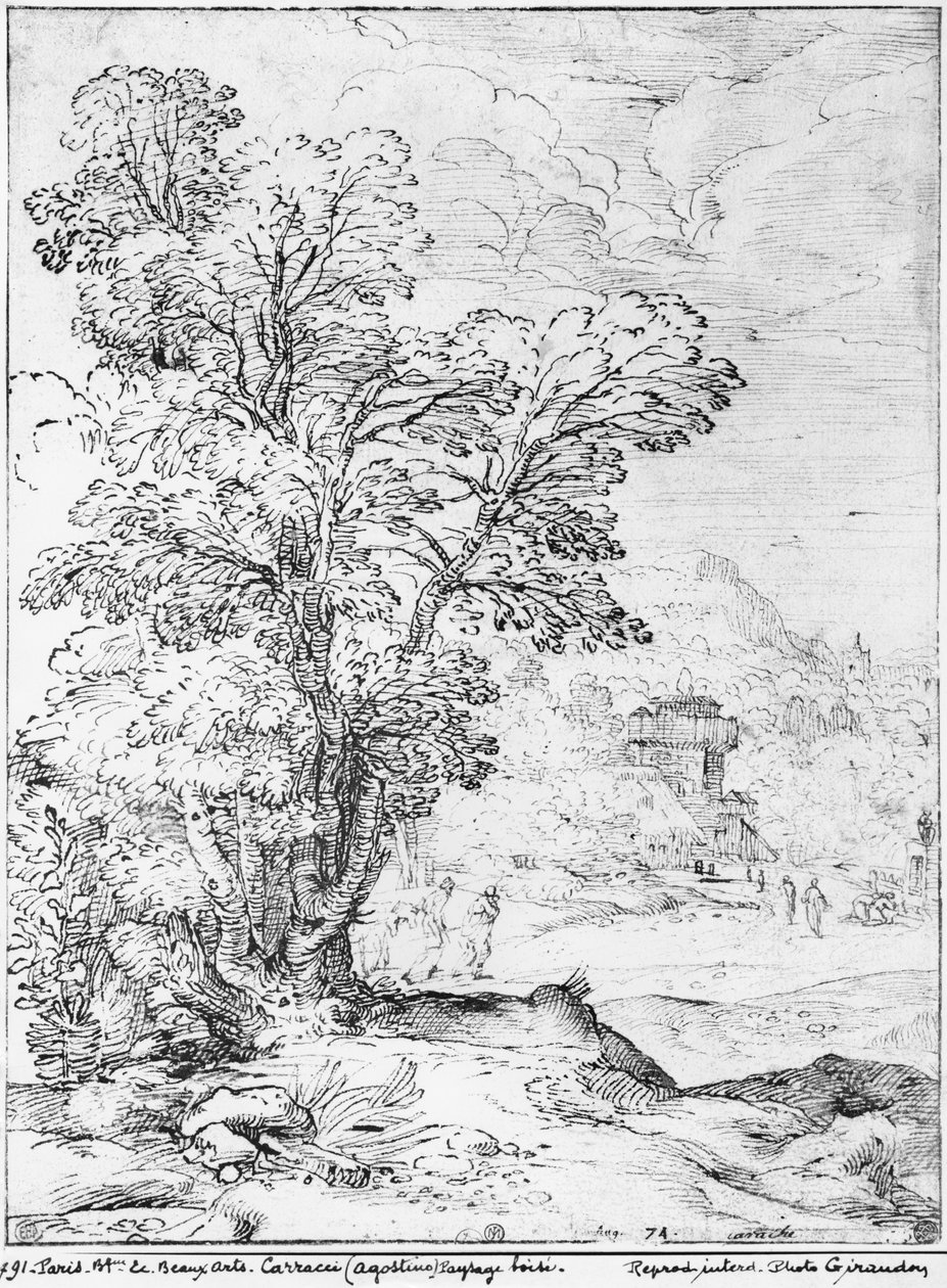 Ormanlık manzara (kağıt üzerine kalem ve mürekkep) (bw photo) by Agostino Carracci