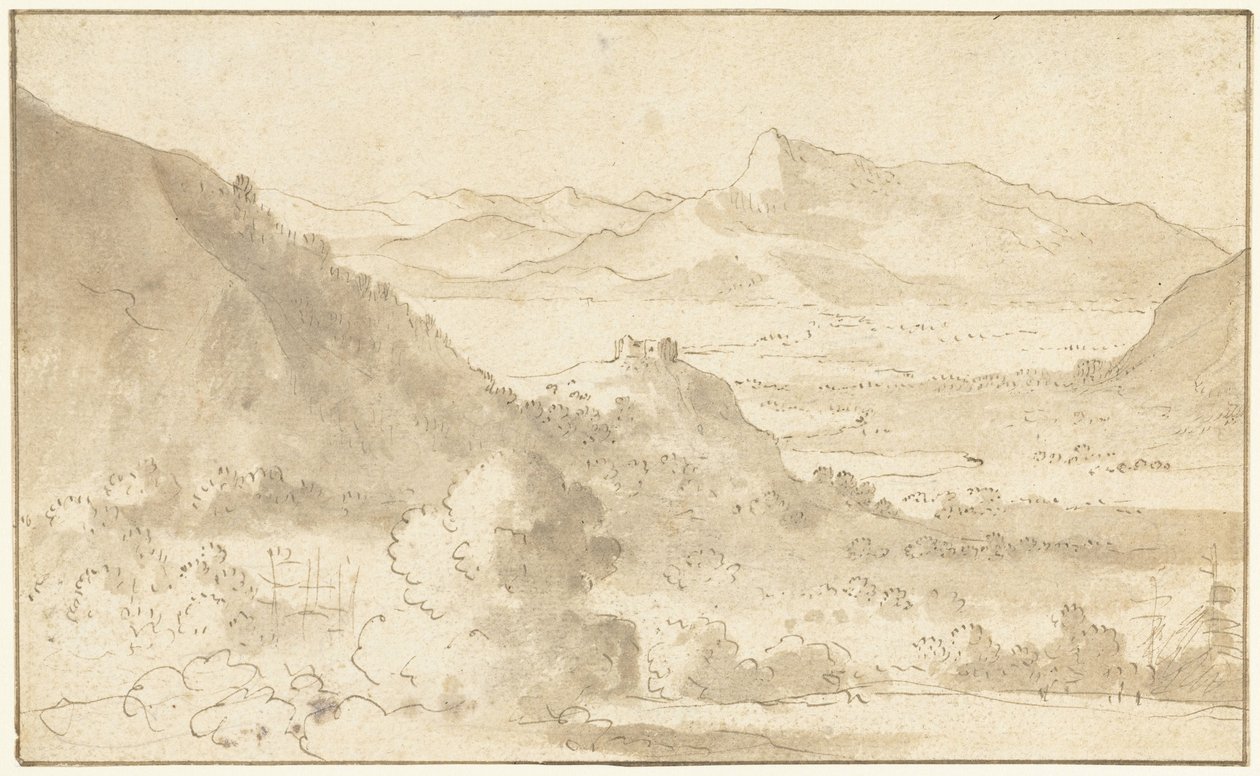 Bir göl ve bir kale ile dağ manzarası by Agostino Tassi (possibly)