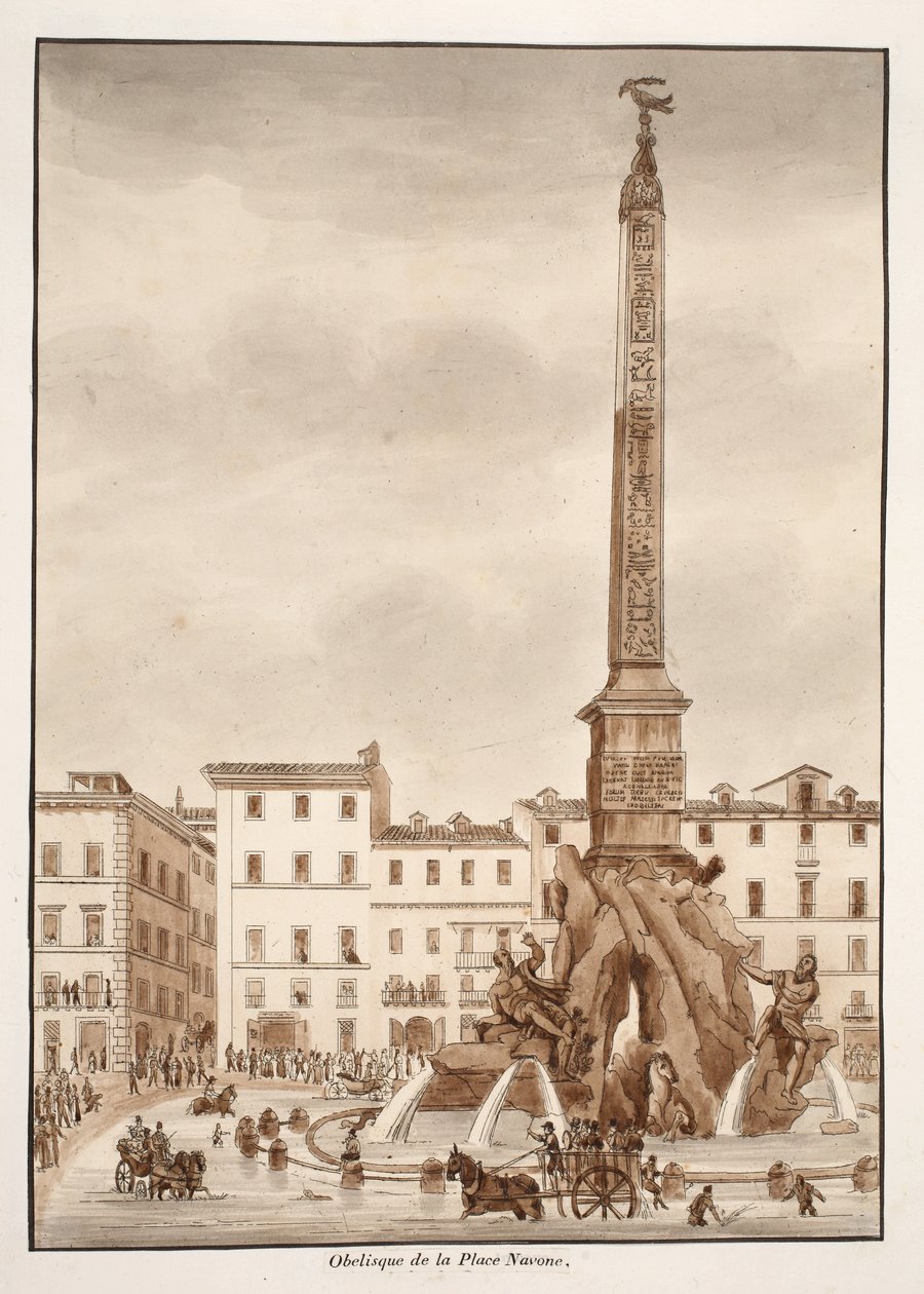 Piazza Navona Dikilitaşı, 1833 (kahverengi cilalı gravür) by Agostino Tofanelli