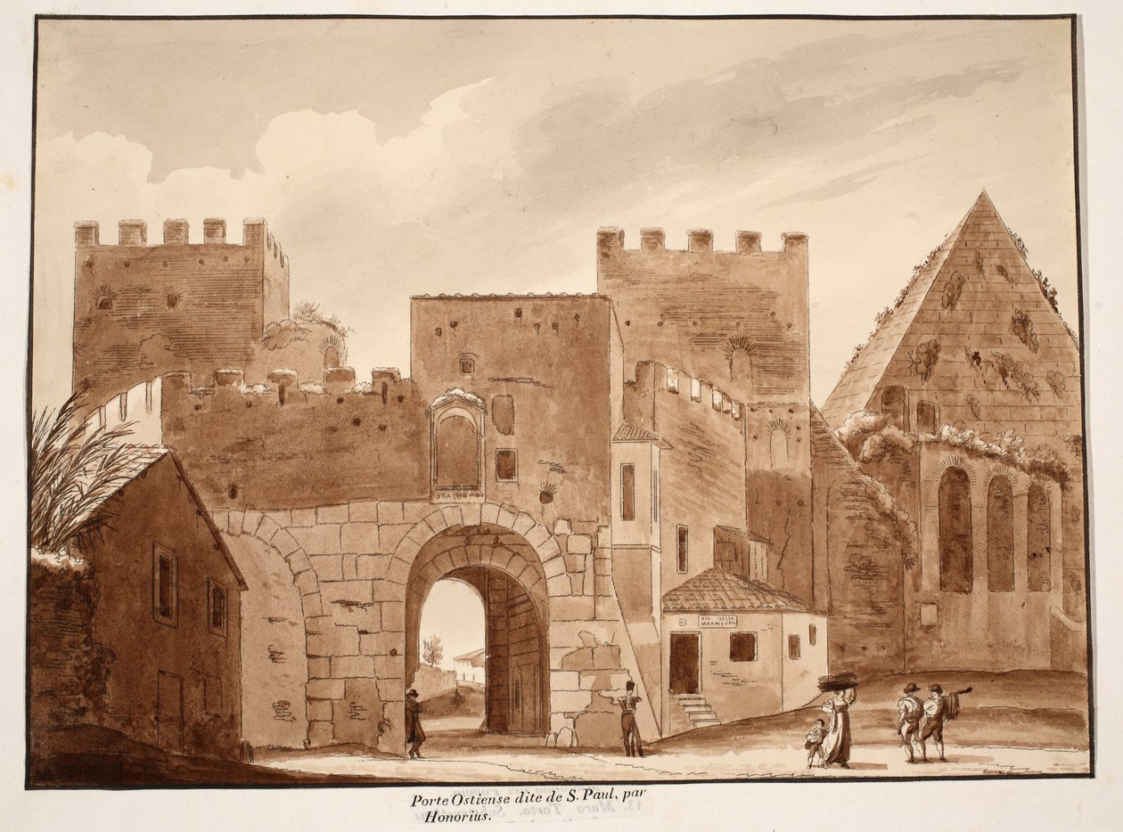 Honorius tarafından inşa edilen Porta Ostiensis veya San Paolo, 1833 (kahverengi cilalı gravür) by Agostino Tofanelli