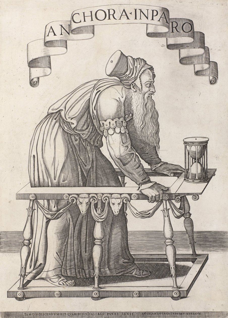 yaşlılık alegorisi Anchora inparo (nesne üzerindeki başlık) by Agostino Veneziano (attributed to)