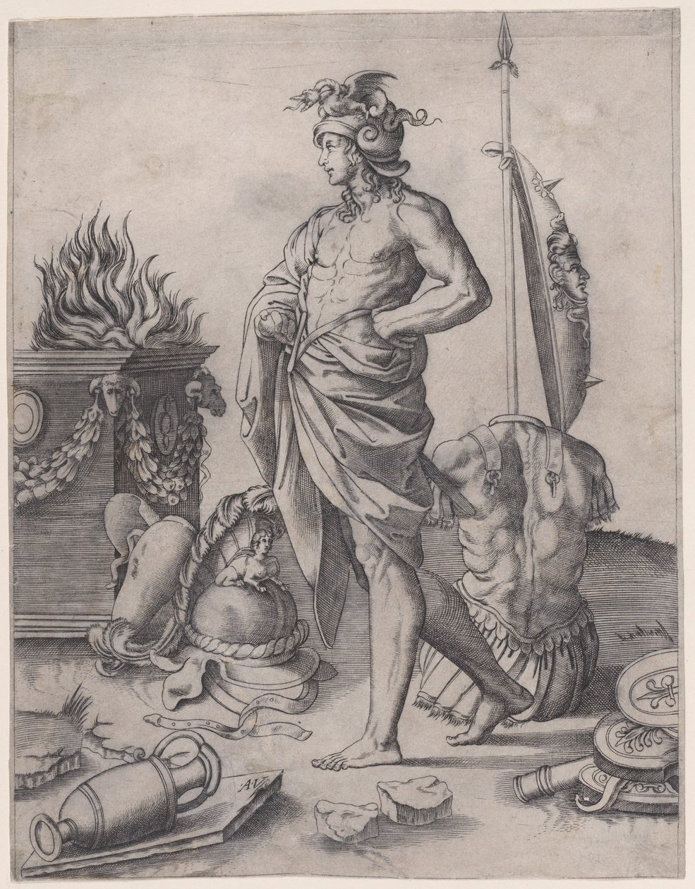 Bir Sunağın Yanında Genç Bir Kahraman, yaklaşık. 1514-36. by Agostino Veneziano