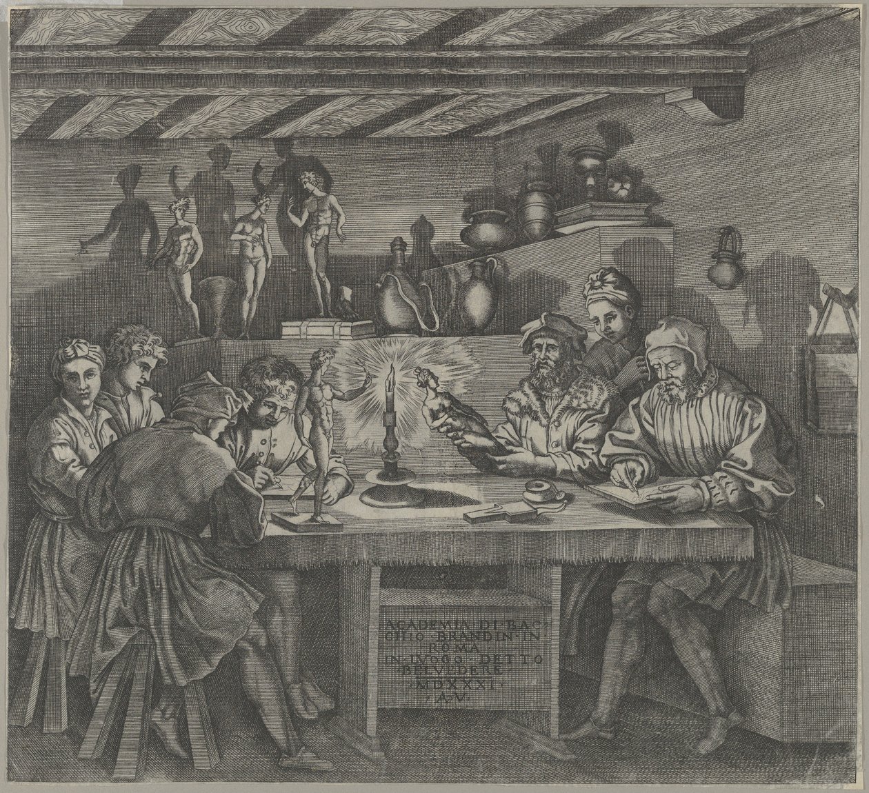 Baccio Bandinelli stüdyosunda elinde bir Venüs heykelciği tutarken, öğrenciler bir mo..., 1531