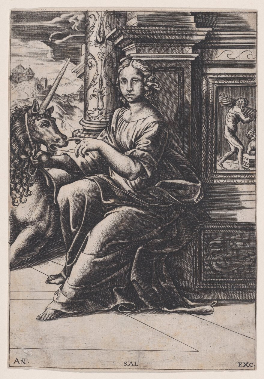 Chastity, oturan bir kadın, sağında bir tek boynuzlu at, c. 1515-30. by Agostino Veneziano